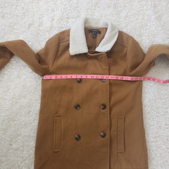Forever 21 Tan Faux Fur Collar Brown Peacoat L Double Breasted Y2K Fall Winter - Picture 12 of 15